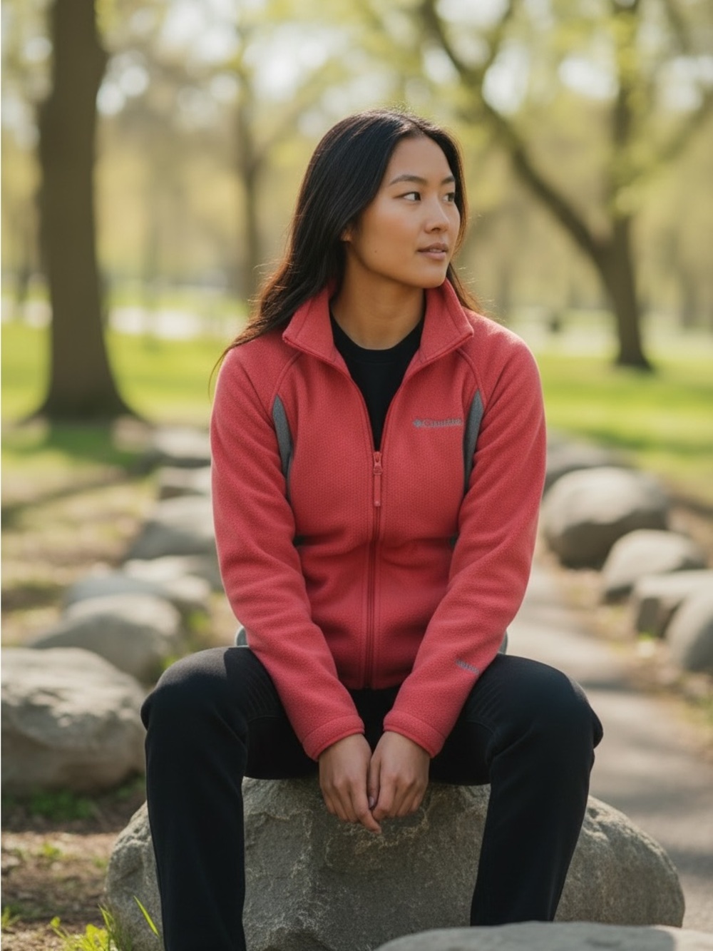 Columbia Women's Coral and Gray Full-Zip Fleece Jacket SMALL